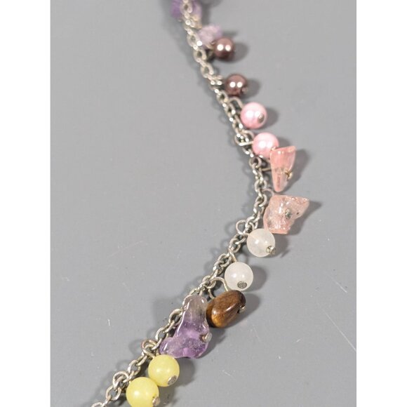 Boho Stone And Faux Pearl Charm Cluster Dainty Necklace Silver Tone 19" - Picture 4 of 9